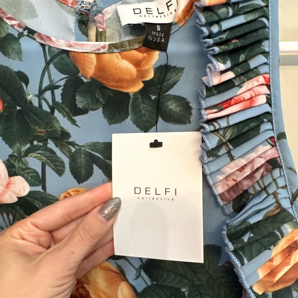 NWT Delfi Collective Floral Print Ruffle Sleeve Mini Dress - Blue &Orange Small